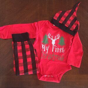 Baby Boy "My First Christmas" Bodysuit & Pants Set – Red, Gingham, 12M, 3pc, Nwt